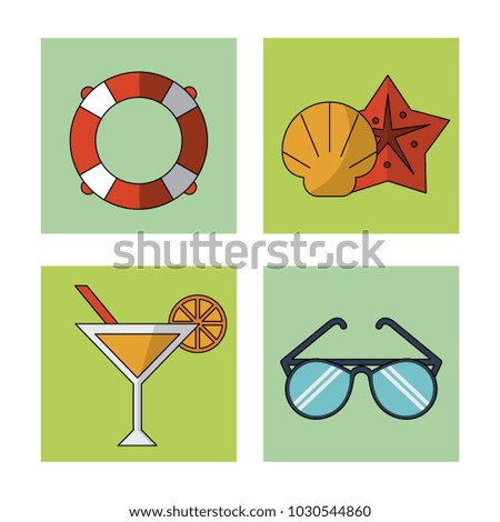 white background with colorful squares with beach icons