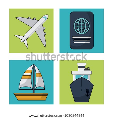 white background with colorful squares with traveling icons