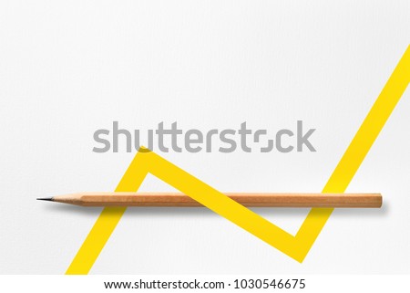Minimalist template with copy space by top view close up photo of wooden pencil isolated on white paper and combination with yellow line shape graphic. Flash light made smooth shadow from pencil. Royalty-Free Stock Photo #1030546675