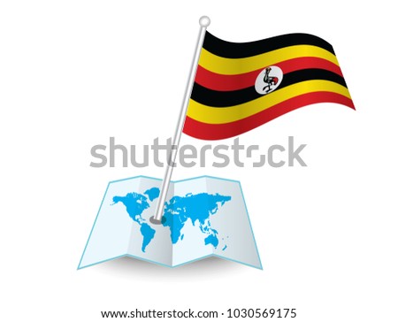 Map with flag of Uganda isolated on white.
 National flag for country of Uganda isolated,
 banner for your web site design logo, app, UI. check in. map Vector illustration, EPS10.