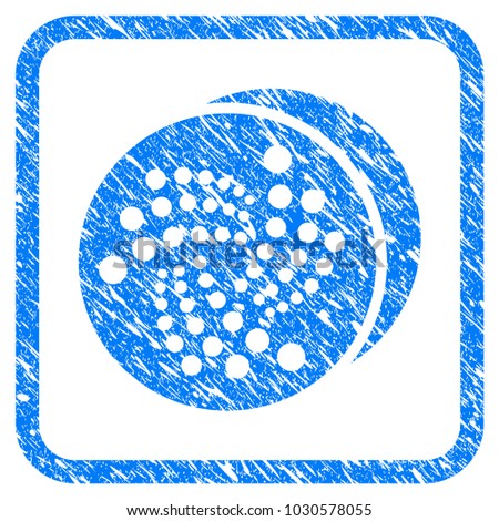 Iota Coins rubber seal stamp watermark. Icon vector symbol with grunge design and unclean texture inside rounded squared frame. Scratched blue emblem on a white background.