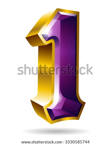 Golden and violet number character 1 isolated on white background. Vector illustration.