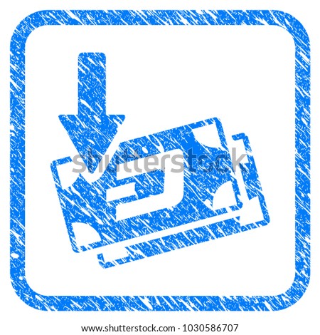 Get Arrow Dash Banknotes rubber seal stamp imitation. Icon vector symbol with grunge design and dust texture inside rounded square. Scratched blue stamp imitation on a white background.