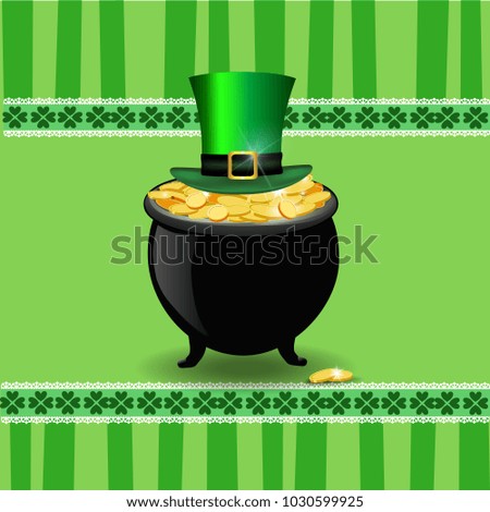 Saint Patrick's Day card with clover lace, cauldron with leprechaun's gold and top hat cylinder on green background with retro stripes and cute elegant border with shamrock leaves. Vector illustration