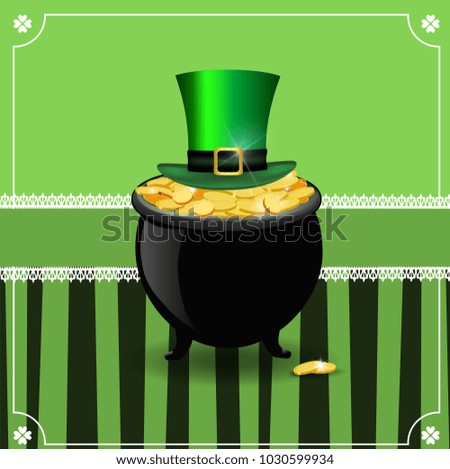 Saint Patrick's Day card with shamrocks lace, cauldron with golden coins and leprechaun top hat cylinder on green background with retro stripes and cute elegant border with clover. Vector illustration