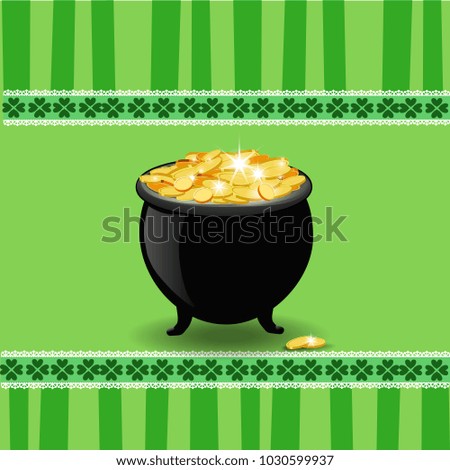 Saint Patrick's Day card with clover lace, pot with leprechaun's gold  on green background with cute retro stripes and elegant border with shamrock leaves. Vector illustration, clip art for holidays. 