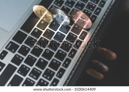 Cryptocurrency, Bitcoin trading concept, Laptop with Bitcoin.