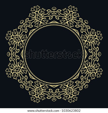Golden vintage line art frame for design template. Element in Eastern style, barocco outline floral frame. Isolated ornate element, gold on black background. Elegant fashion lace