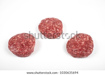 Raw fresh large beef burger or cutlets isolated on white background