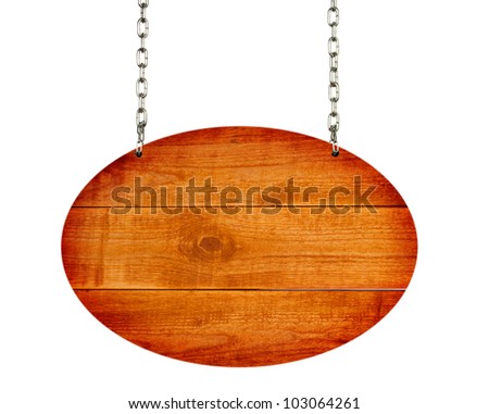 vintage wood sign board with chains on the wall isolated on white