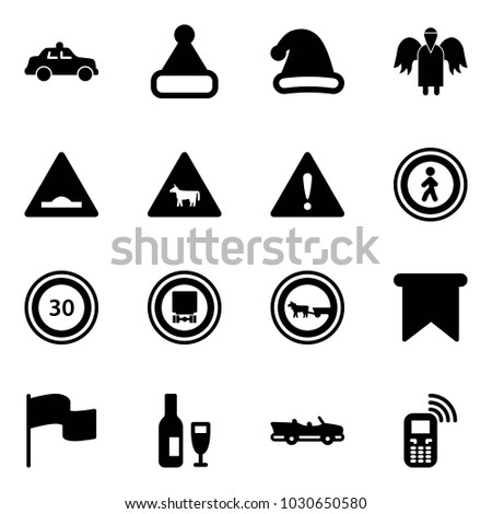 Solid vector icon set - safety car vector, christmas hat, angel, artificial unevenness road sign, cow, attention, no pedestrian, speed limit 30, dangerous cargo, cart horse, flag, wine, cabrio