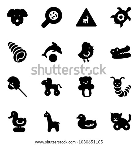 Solid vector icon set - dog vector, bacteria, wild animals road sign, sea turtle, shell, dolphin, chicken toy, crocodile, horse stick, wheel, bear, caterpillar, duck, giraffe, cat