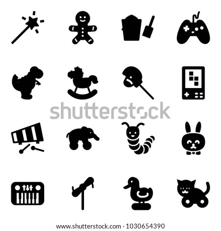 Solid vector icon set - Magic wand vector, cake man, bucket scoop, joystick, dinosaur toy, rocking horse, stick, game console, xylophone, elephant wheel, caterpillar, rabbit, piano, windmill, duck