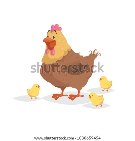 Cartoon cute brown hen with little yellow chickens. Comic trendy flat style with simple gradients. Mother and family vector illustration. Isolated on white background.