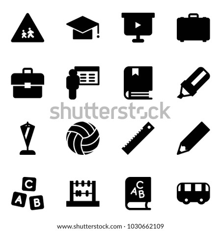 Solid vector icon set - children vector road sign, graduate hat, presentation board, case, portfolio, book, highlight marker, pennant, volleyball, ruler, pencil, abc cube, abacus, toy bus