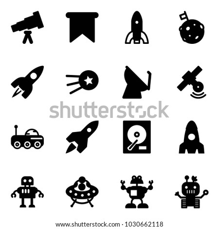 Solid vector icon set - telescope vector, flag, rocket, moon, first satellite, antenna, rover, hdd, robot, ufo toy