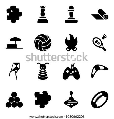 Solid vector icon set - puzzle vector, chess queen, pawn, mat, inflatable pool, volleyball, fire, badminton, kite, pyramid toy, joystick, boomerang, billiards balls, wirligig, football