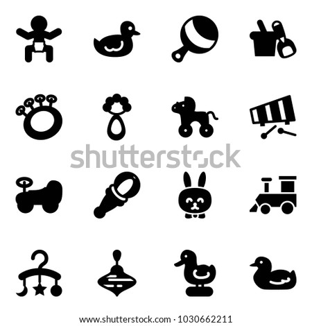 Solid vector icon set - baby vector, duck toy, beanbag, shovel bucket, wheel horse, xylophone, car, rabbit, train, carousel, wirligig