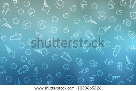 Light BLUE vector cover with set of confections. Confections on blurred abstract background with colorful gradient. Pattern for menu of cafes and restaurants.