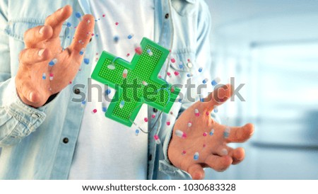 View of a Businessman holding a Lighting pharmacy cross and a stethoscope - 3d render 