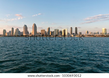Skyline of San Diego at sunset, USA. Buildings and skyscrapers in California. Concept for travelling and business