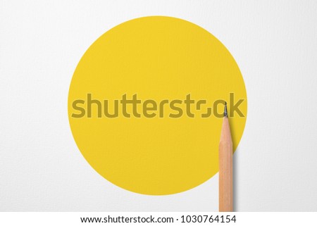 Minimalist template with copy space by top view close up photo of wooden pencil isolated on white paper and combination with yellow shape graphic. Flash light made smooth shadow from pencil. Royalty-Free Stock Photo #1030764154