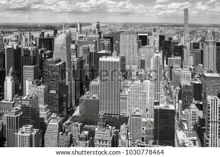 Black and white picture of the heart of Manhattan, New York City, USA. 