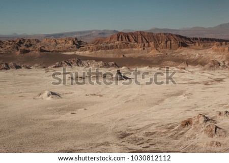 View over a perfect landscape of sand, salt and rocks in the moon valley of the Atacama desert
