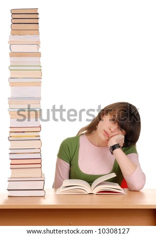Schoolgirl with high stack of books to read