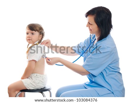 doctor listens by stethoscope little girl