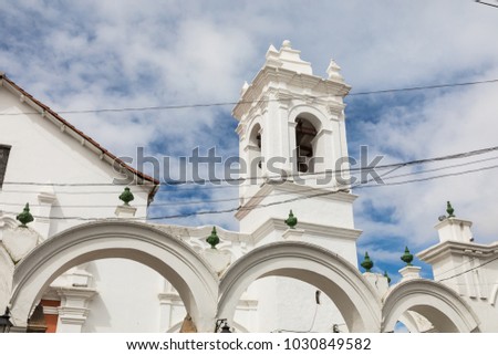 San Francisco church in Sucre, Bolivia. Sucre is the constitutional capital of Bolivia. Traditional colonial architecture, white houses.