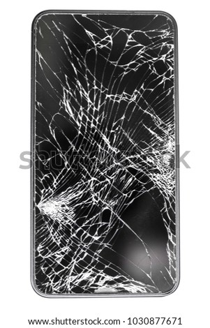 Broken glass screen mobile phone in black on white isolated background