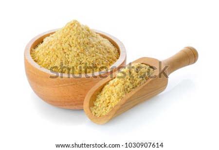 Wheat germ in wood bowl and scoop on white background Royalty-Free Stock Photo #1030907614