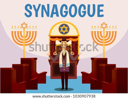 Cartoon jews characters composition with flat images of synagogue temple indoor interior with rabbi human character vector illustration Royalty-Free Stock Photo #1030907938