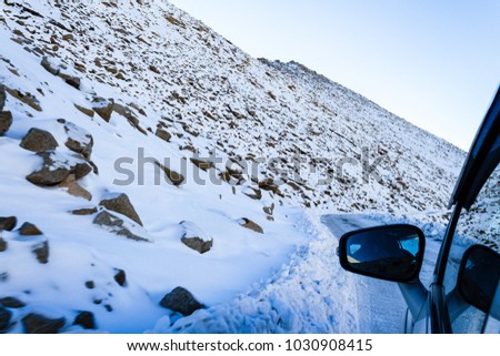Treacherous roads covered in snow mountains of Ladakh, India. Landscape of natural beauty in Nubra valley in Ladakh, India. Famous tourist place in the world. Travel and Nature's photography. - Image