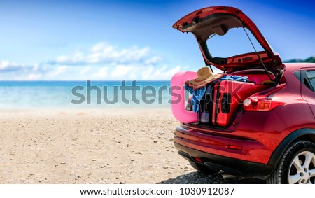 Summer car with suitcase and landscape of beach. Free space for your decoration. 