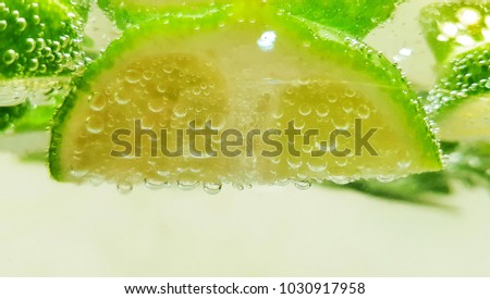 lemon, lime, macro, fruit in water with bubbles, summer