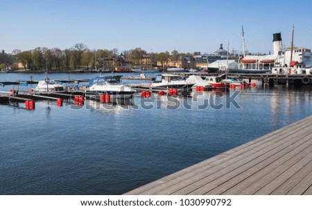 Pleasure motor boats moored in Stockholm city, Sweden