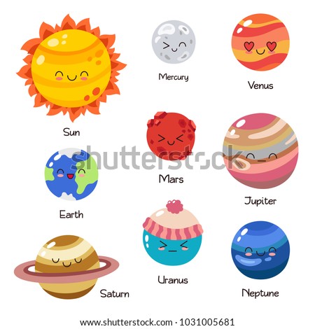 Set of vector doodle cartoon icons planets of solar system. Comic colored funny characters. Children's education. Wallpaper, background, symbols, template for web design, greeting card, cover, poster