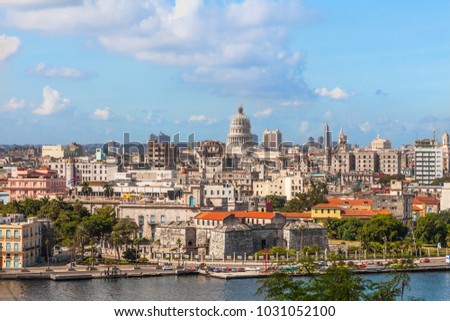 Cuba, close up view of the Old Havana city with historical buildings and monuments from Morro Castle.