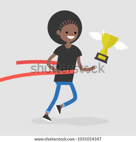 Young black female running character crossing the finish line. Red ribbon. Race. Competition. Flat editable vector illustration, clip art