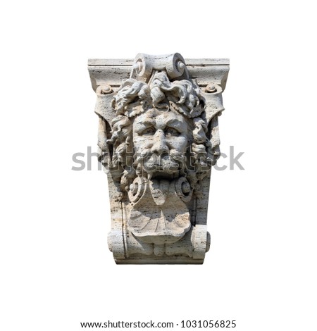 medieval roman stone sculpture  in form of lion head with his tongue hanging out  isolated on white background closeup