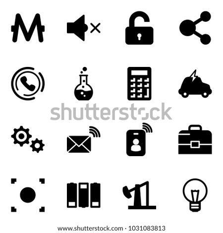 Solid vector icon set - monero vector, volume off, unlocked, share, phone horn, round flask, calculator, electric car, gear, wireless mail, identity card, case, record button, battery, oil derrick