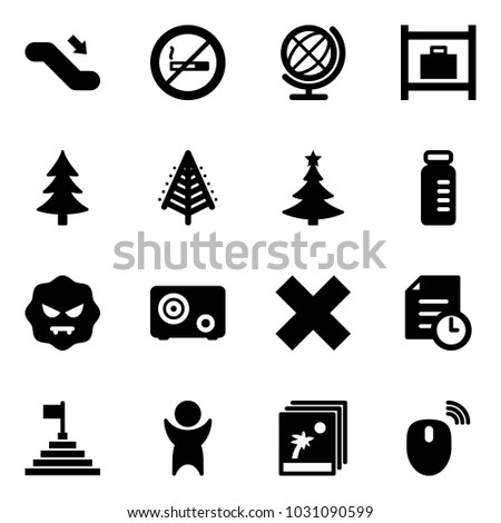 Solid vector icon set - escalator down vector, no smoking sign, globe, baggage room, christmas tree, vial, virus, safe, delete cross, history, pyramid flag, success, photo, mouse wireless