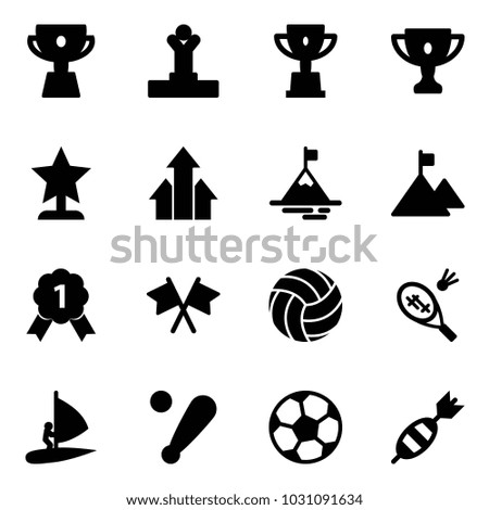 Solid vector icon set - cup vector, winner, win, gold, award, arrows up, mountain, medal, flags cross, volleyball, badminton, windsurfing, baseball bat, soccer ball, dart