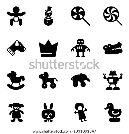 Solid vector icon set - baby vector, snowman, lollipop, dog, crown, robot, crocodile, rocking horse, wheel, elephant, doll, toy rabbit, duck