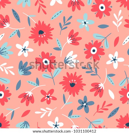 Seamless flower pattern. Flat botanical ornament with minimalistic elements in trendy color. Simple vector repeating texture. Modern swatch. Nature background for textile, print and any your design.