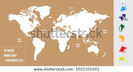 Detailed World Map + Continents Set