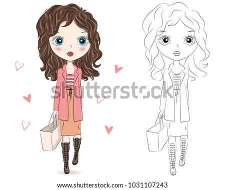 Set of hand drawn beautiful cute fashion girls on white background. Cartoon fashionable girls. Cartoon character. Coloring book pages for kids. Outline for coloring page cartoon vector