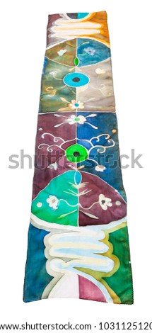 front view of hand painted batik silk scarf with abstract floral pattern isolated on white background